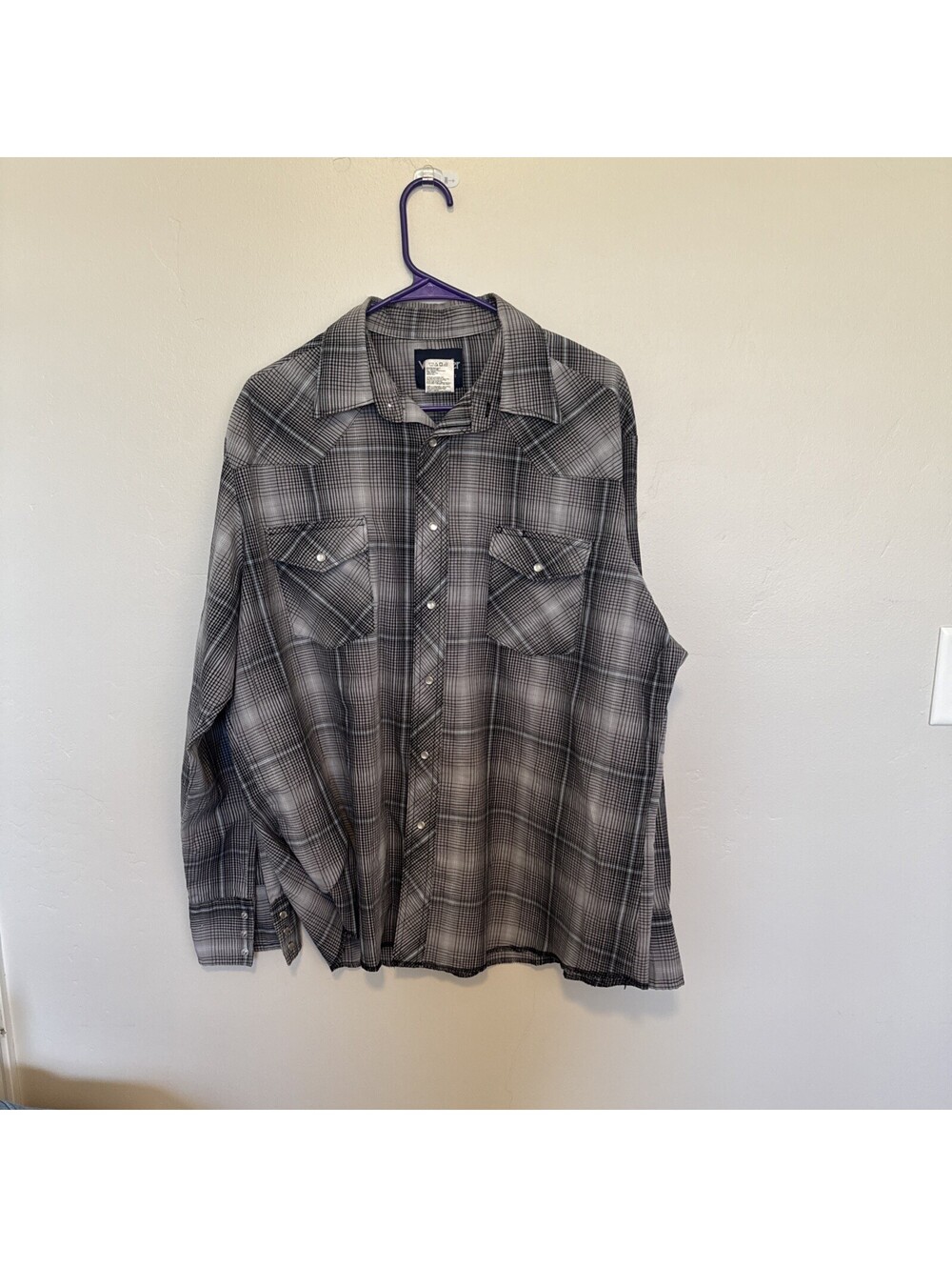 Wrangler Shirt Mens XL Gray Blue Plaid Western Pearl Snap Long Sleeve Cotton